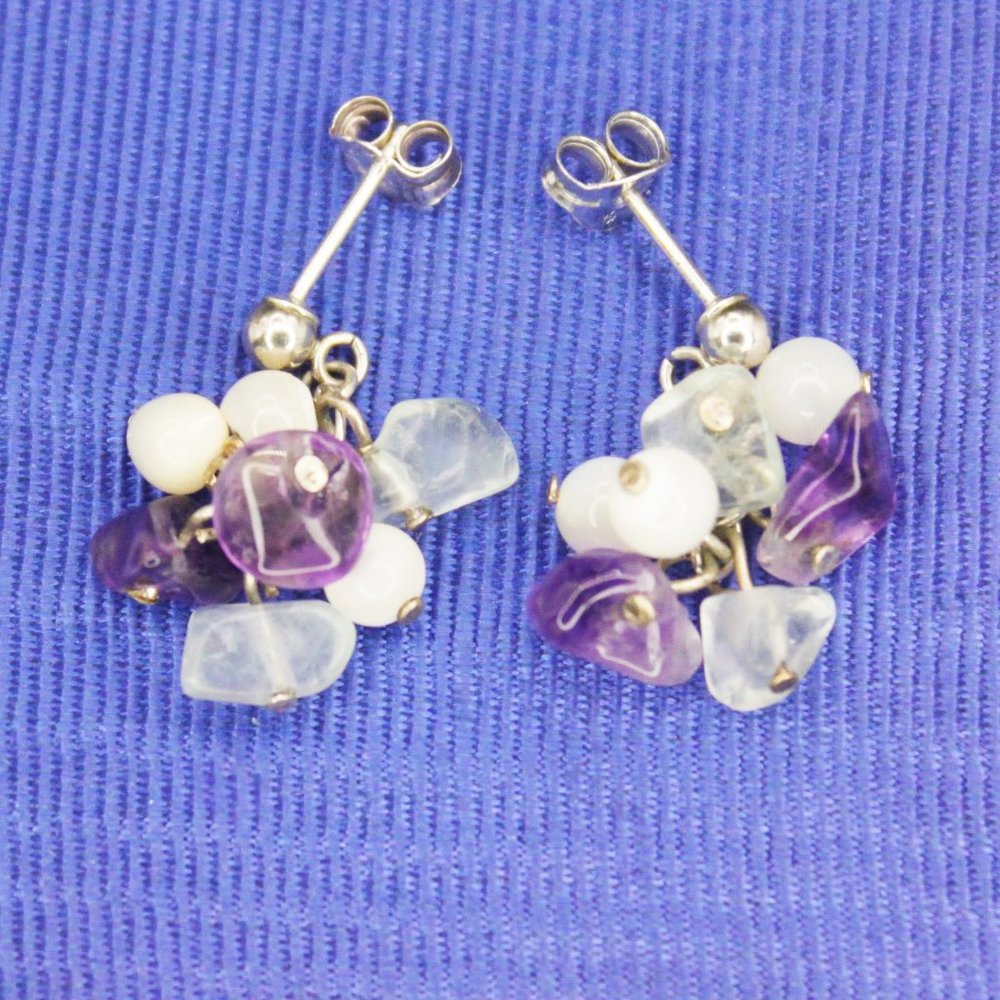 Sterling Silver 925 Multi-Gemstone Mother of Pearl Drop Cluster Earrings
